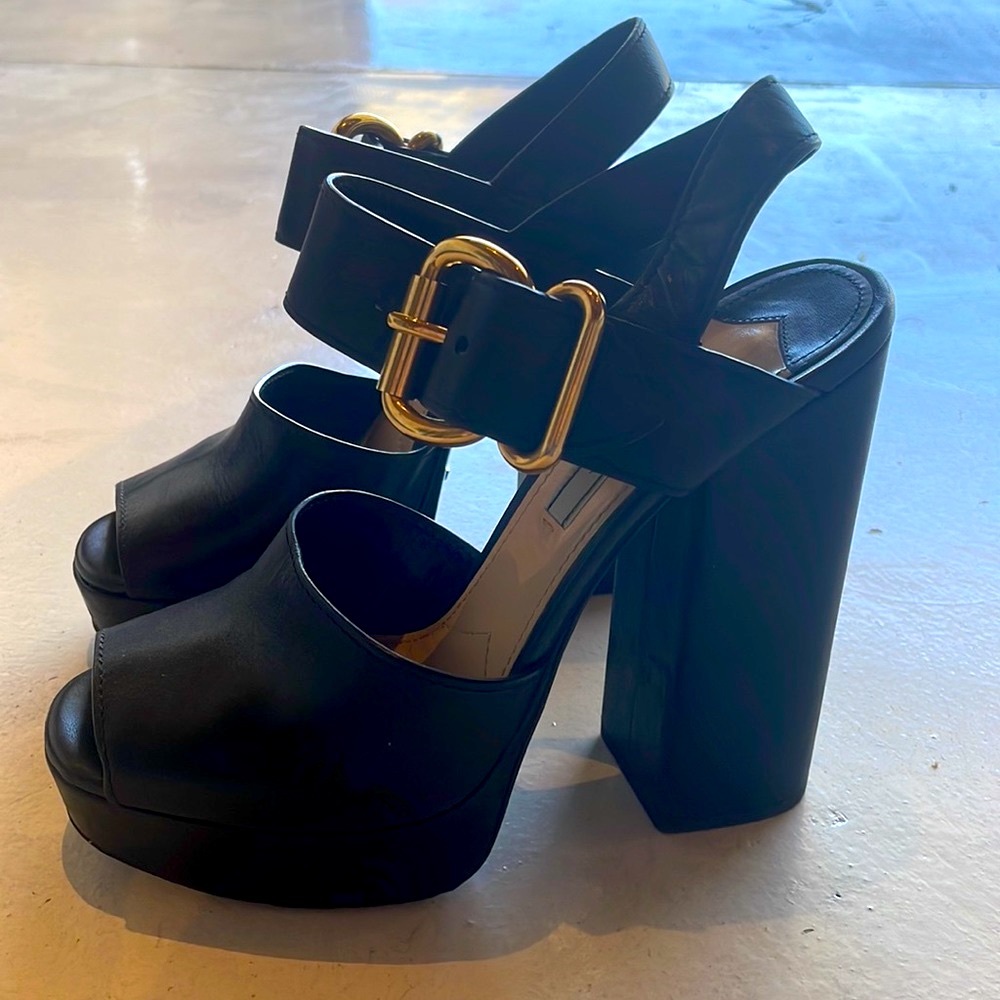 Prada black peep toe ankle strap leather heels